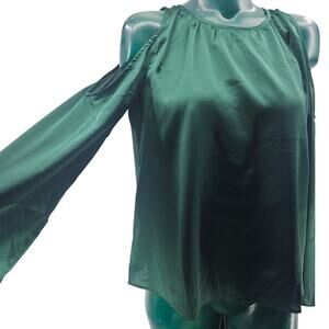 Lumiere Green Cold Shoulder Satin Blouse Top Women's Size S 3358